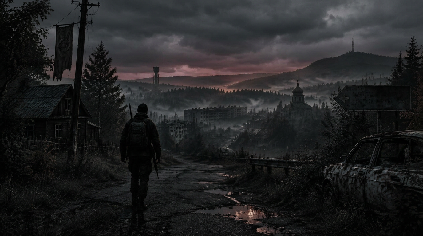 Sobrevivente caminhando em Chernarus ao entardecer